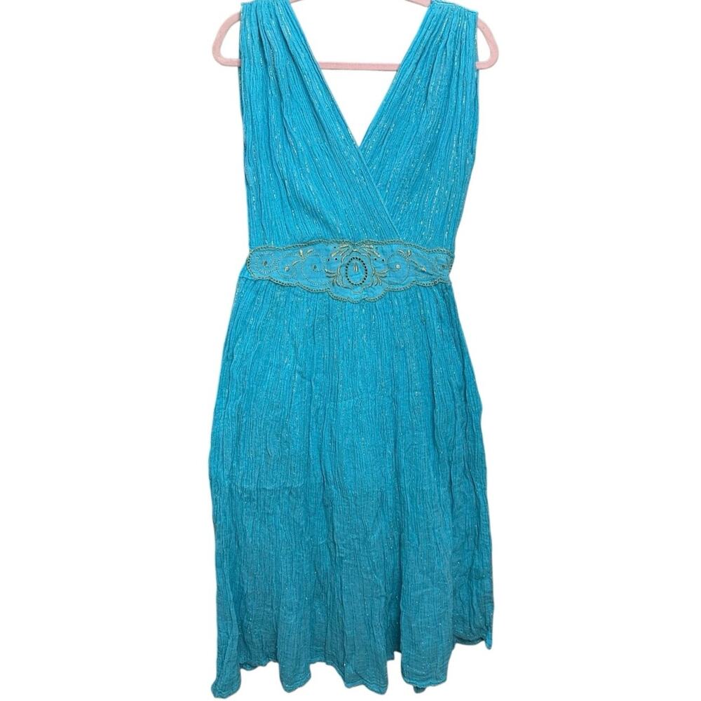 Vintage 70s Grecian Gauze Midi Sundress Wavy Boho Metallic Stripe V-Neck‎ Dress